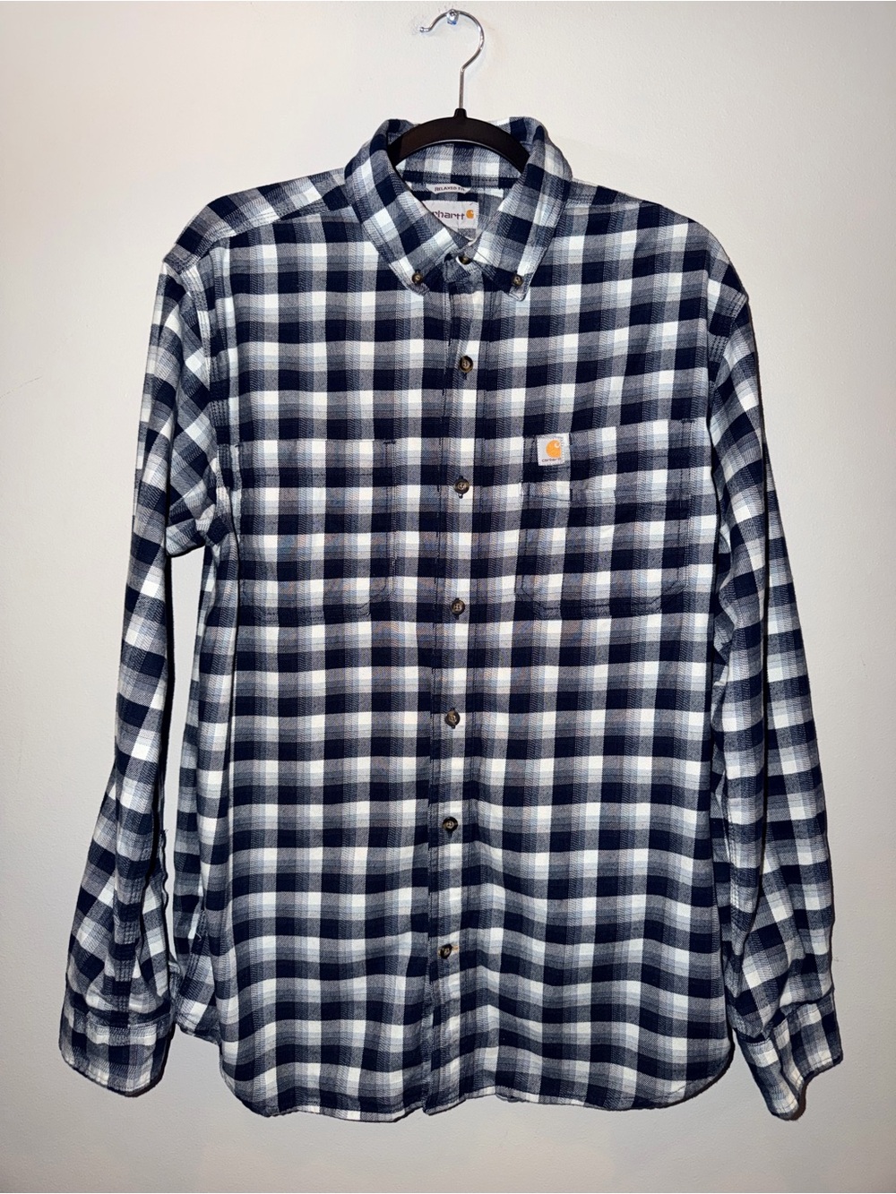 Carhartt Plaid Long Sleeve Flannel Shirt Medium Blue & White preppy workwear